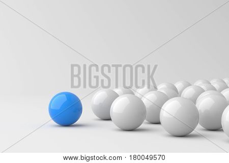 Leadership concept blue leader ball standing out from the crowd of white balls on white background. 3D rendering.