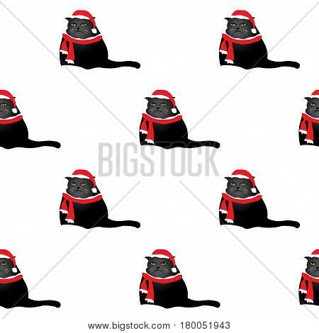 sad  and fat cat in red hat and scarf seamless pattern , stock vector illustration