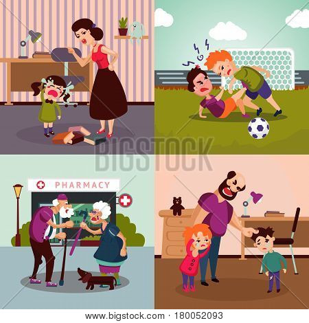 Colorful family violence concept with different conflicts aggressions quarrels and disagreements vector illustration