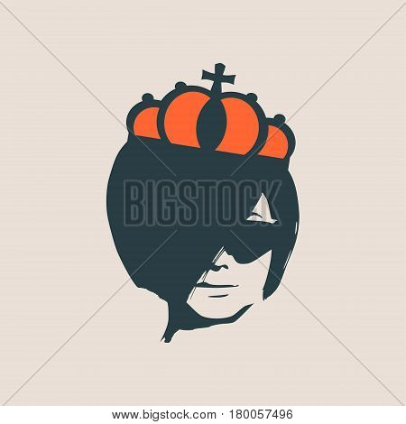 Front view of princess or queen face. Elegant silhouette of a female head. Vector Illustration. Short hair. Monochrome gamma.