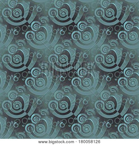 Abstract geometric background. Regular modern spirals pattern pale green and gray shades, overlaying, shifty and blurred.