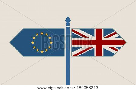 Image relative to politic situation between great britain and european union. Politic process named as brexit. National flags on destination arrow road