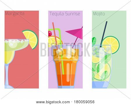Set of alcoholic cocktails isolated fruit cold drinks tropical cosmopolitan freshness collection and party alcohol sweet tequila vector illustration. Juice with refreshment rum restaurant beverage.