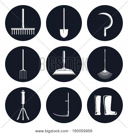 Set of Round Monochrome Icons Garden Equipments ,Garden Rake and Spading Fork, Leaf Rake and a Sickle, a Hoe and a Shovel ,a Scythe, Working Rubber Boots ,Vector Illustration