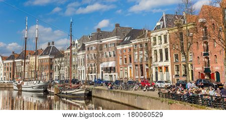 GRONINGEN, NETHERLANDS - APRIL 03, 2017: Panorama of warehouses along a canal in Groningen, Holland