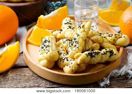 Koulourakia Greek Sesame Twist Cookies..style rustic.selective focus