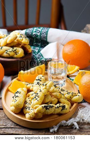 Koulourakia Greek Sesame Twist Cookies..style rustic.selective focus