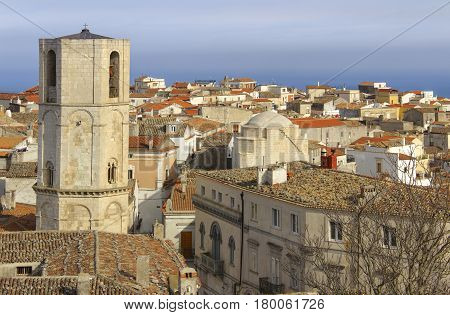 Panorama of Monte Sant'Angelo: it is a town on the slopes of Gargano.View of octagonal bell tower of Saint Michael Archangel Sanctuary at Monte Sant'Angelo on Italy (Apulia).