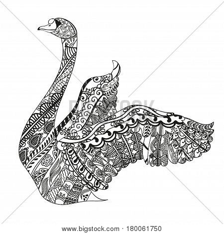 Swan with ethnic doodle pattern. Zentangle inspired pattern for anti stress coloring book pages for adults and kids