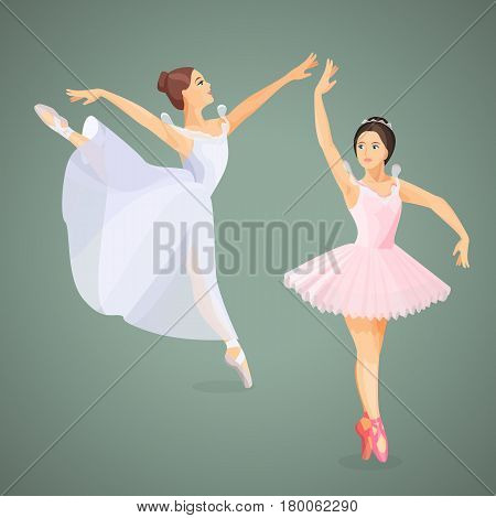 Three young ballet dancers standing in pose flat design on white background. Set of hand drawn sketches. Vector illustration of ballerinas in special dancing dresses