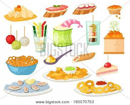 Various meat canape snacks appetizer fish and cheese banquet snacks on platter illustration. Cuisine buffet delicious. Vector tasty starter restaurant catering tartlet ham sandwich.