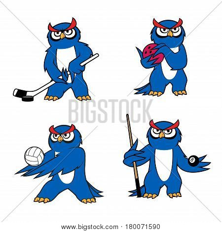 Owl mascot for volleyball, hockey, bowling and billiard sport. Blue owl players with balls, cue stick, ice hockey puck and stick. Sport club and team or sporting competition mascot design