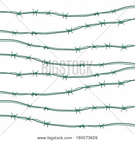 Barbed wires on white background. Straight bound lines with sharp elements. Illustration of safety and guard elements for protecting