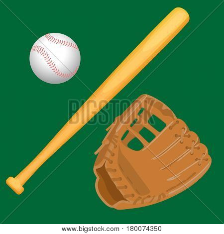 Baseball equipment colorful vector flat collection. Isolated light brown leather glove, wooden special bat and small white ball in realistic style. Sport template with accessories poster