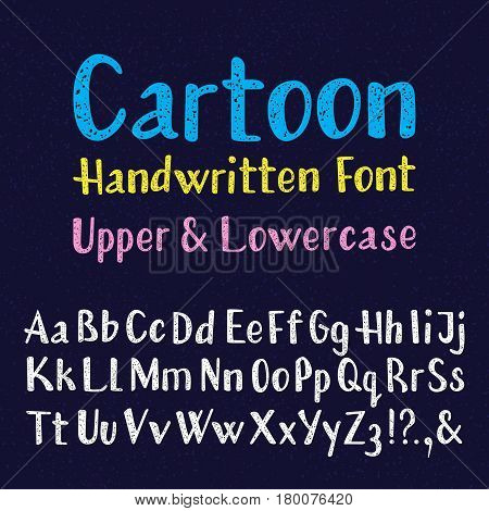 Cartoon handwritten font. Uppercase and lowercase letters. Isolated english alphabet of grainy texture.