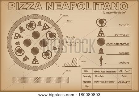Pizza Neapolitano ingredients draw scheme on paper. Print background composition for menu and posters. Creative concept of Modern design. Vector Illustration