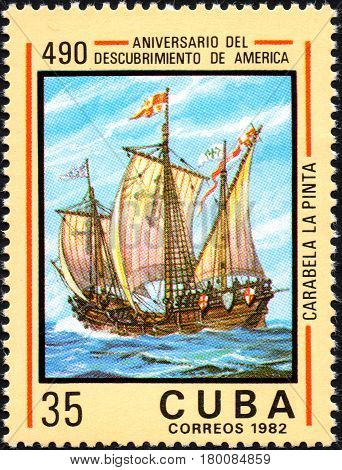UKRAINE - CIRCA 2017: A postage stamp printed in Cuba shows caravelle Pinta from the series Anniversary of the 490 discovery of America circa 1982