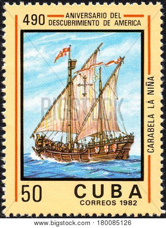 UKRAINE - CIRCA 2017: A postage stamp printed in Cuba shows caravelle Nina from the series Anniversary of the 490 discovery of America circa 1982