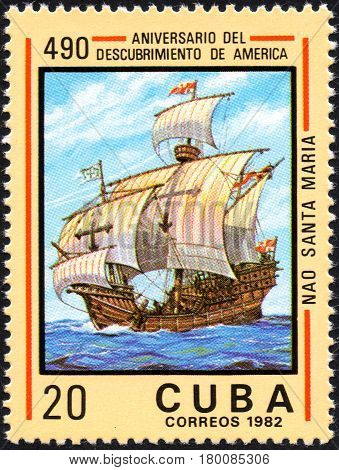 UKRAINE - CIRCA 2017: A postage stamp printed in Cuba shows ship Santa Maria from the series Anniversary of the 490 discovery of America circa 1982