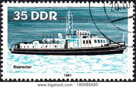 UKRAINE - CIRCA 2017: A postage stamp printed in DDR shows Ice Breaker River Boat circa 1981