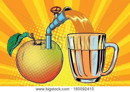 Apple juice is poured into a mug. Pop art retro comic book vector illustration