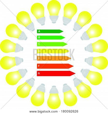 Energy labels with bulbs on white background. Vector illustration.
