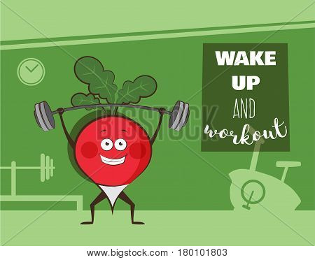 poster of happy radish exercise at a gym. Healhy lifestyle motivation poster. vector illustration