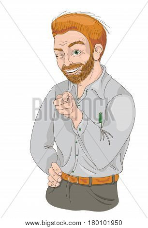 Hand drawn illustration of a red-haired man with squinty eye pointing finger and smiling. What about you