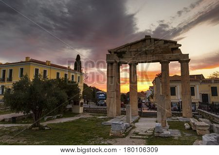 Remains of Roman Agora in the old town of Athens, Greece.