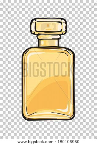 Fashionable perfume in glass yellow flask close-up on transparent background. Luxury fragrance in beautiful bottle. Vector illustration of fashion. Perfumery icon for infographics, websites and app.