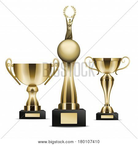 Set of three golden trophy cups winner graphic art icon. Vector illustration of realistic trophies isolated on white. Gold rewards on black base with nameplate. Drawn figure cartoon style flat design.