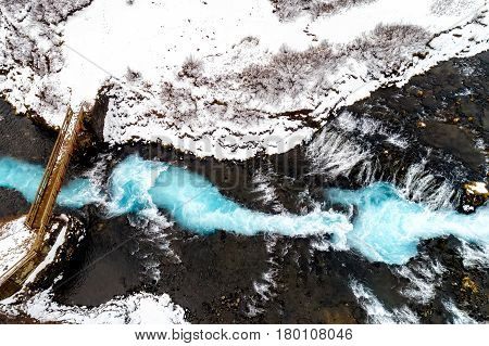 Aerial View Of Beautiful Bruarfoss Waterfall With Turquoise Water, South Iceland