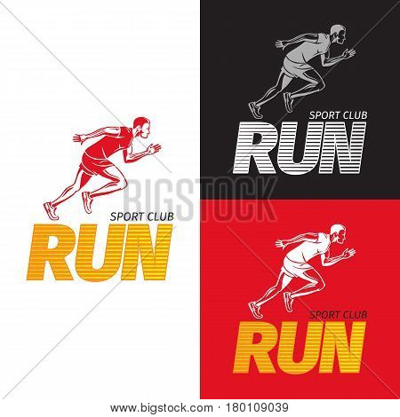 Run sport club logotype with motto credo for fitness center. Running sportsman on white, black, red background. Logo promote that fitness keeps fit. Vector illustration of strong man s body.