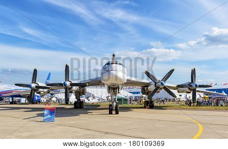 MOSCOW REGION - AUGUST 28, 2015: Russian strategic bomber Tupolev Tu-95MS "Bear" at the International Aviation and Space Salon (MAKS).