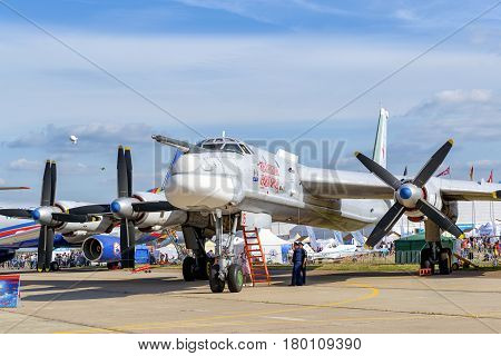 MOSCOW REGION - AUGUST 28, 2015: Russian strategic bomber Tupolev Tu-95MS 