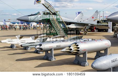 MOSCOW REGION - AUGUST 28, 2015: Bombs and missiles for the MiG fighter at the International Aviation and Space Salon (MAKS) in Zhukovsky.