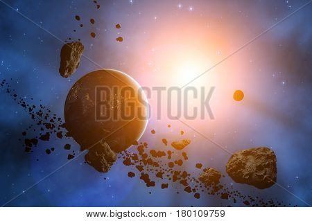 Planets and asteroids on a dark cosmic background. 3D render / illustration.
