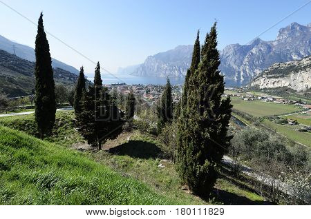 Panoramic view of Torbole and Lake Garda in spring
