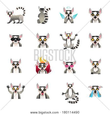 Lemur polygonal big set of sixteen isolated macaco funny cartoon character icons in flat doodle style vector illustration
