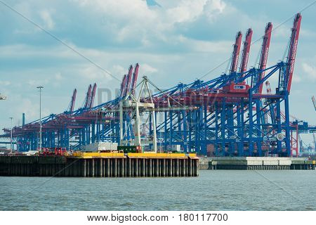 Hamburg, Germany - April 02, 2017: Container terminal Burchardkai in Hamburg on the Elbe, April 02, 2017 in Hamburg