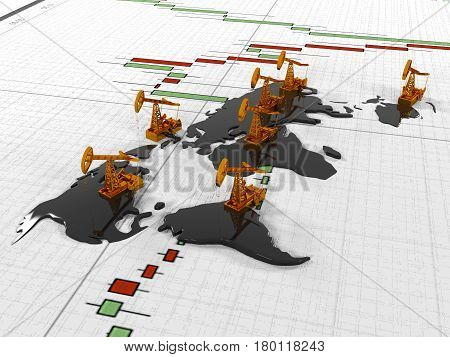 3d render Gold Pumpjack oil on the background of the oil in the circuit continents on quoted stock exchange