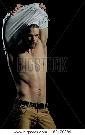 Handsome man or unshaven macho bodybuilder with stylish blond hair haircut undressing white tshirt showing sexy muscular torso six packs and abs male striptease on black background