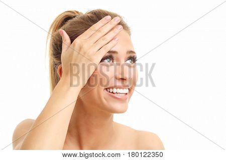 Woman face portrait isolated on white with healthy skin