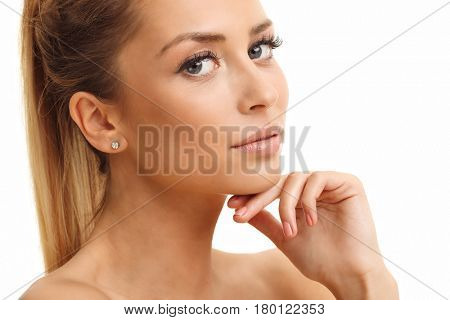 Woman face portrait isolated on white with healthy skin