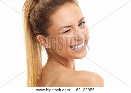 Woman face portrait isolated on white with healthy skin