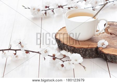 White cup of hot tea with spring flowers on a light wooden background. Herbal tea Lifestyle Spring Breakfast Light background with flowers.