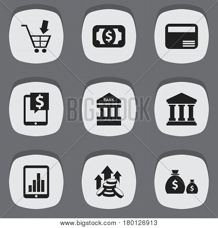 Set Of 9 Editable Finance Icons. Includes Symbols Such As Edifice, Shopping Pushcart, Bar Graph And More. Can Be Used For Web, Mobile, UI And Infographic Design.
