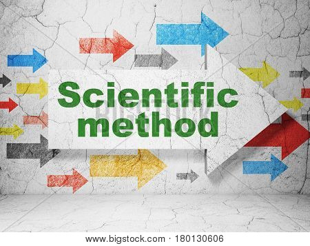 Science concept:  arrow with Scientific Method on grunge textured concrete wall background, 3D rendering