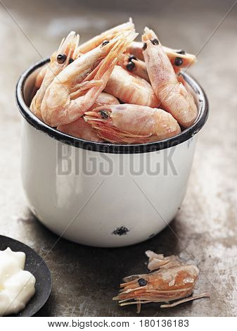 close up of rustic english pub grub pint of prawns