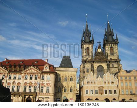 Facade front view of church of Our Lady before Tyn in old town square in historic center of Prague. Empty blank blue sky summer day copyspace background